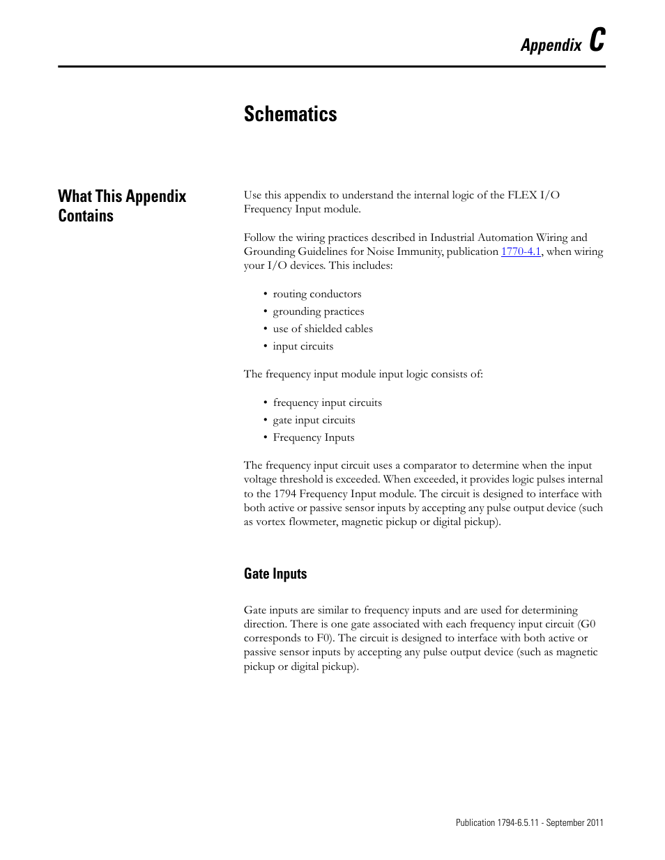 Appendix c, C – schematics, What this appendix contains | Gate inputs, Schematics, Appendix | Rockwell Automation 1794-IJ2XT FLEX I/O Frequency Input Modules User Manual User Manual | Page 71 / 87