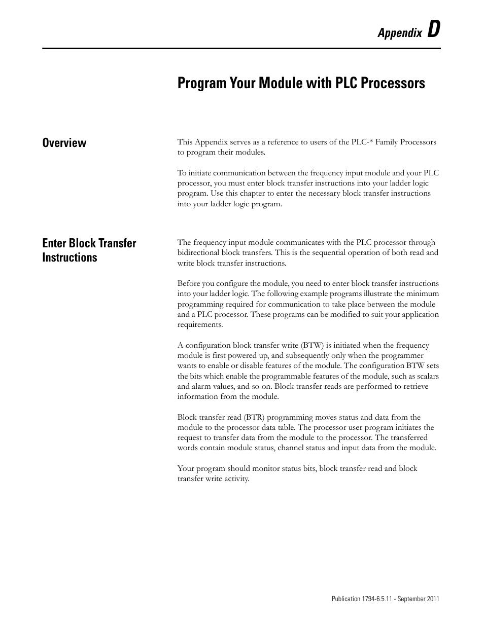 Appendix d, D – program your module with plc processors, Overview | Enter block transfer instructions, Programming your module with plc processors, Overview enter block transfer instructions, Program your module with plc processors | Rockwell Automation 1794-IJ2XT FLEX I/O Frequency Input Modules User Manual User Manual | Page 75 / 87