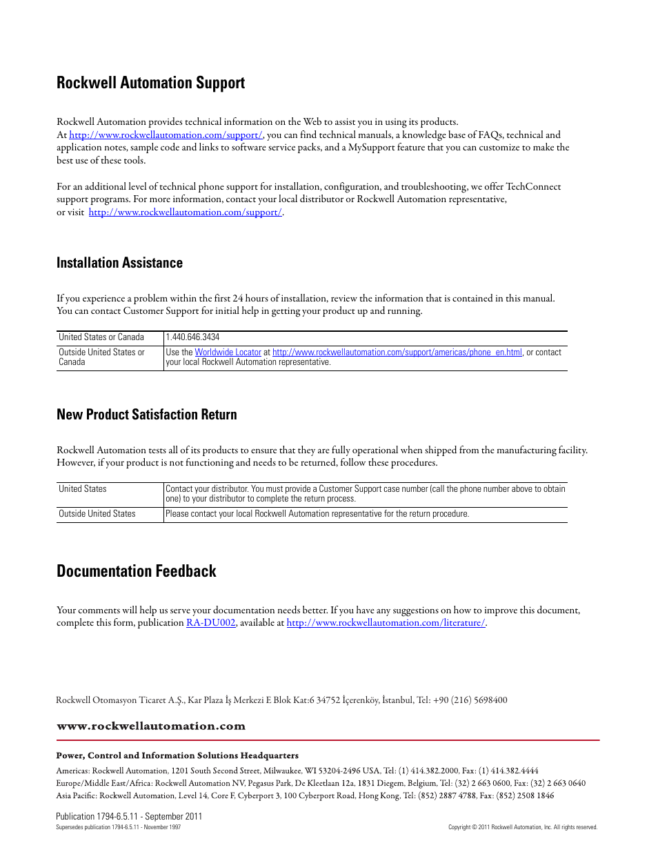 Back cover, Rockwell automation support, Documentation feedback | Installation assistance, New product satisfaction return | Rockwell Automation 1794-IJ2XT FLEX I/O Frequency Input Modules User Manual User Manual | Page 87 / 87