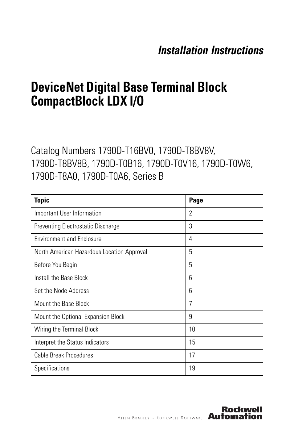 Rockwell Automation 1790D-XXXX DeviceNet Digital Base Terminal Block CompactBlock LDX I/O Series B User Manual | 28 pages