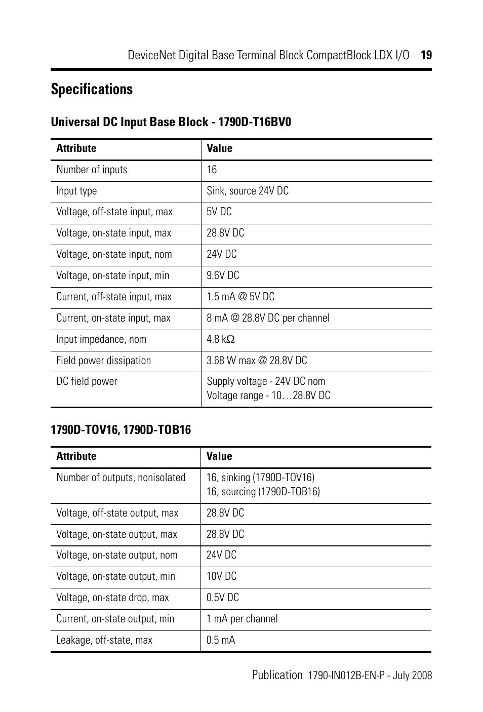 Specifications, Specifications 19 | Rockwell Automation 1790D-XXXX DeviceNet Digital Base Terminal Block CompactBlock LDX I/O Series B User Manual | Page 19 / 28