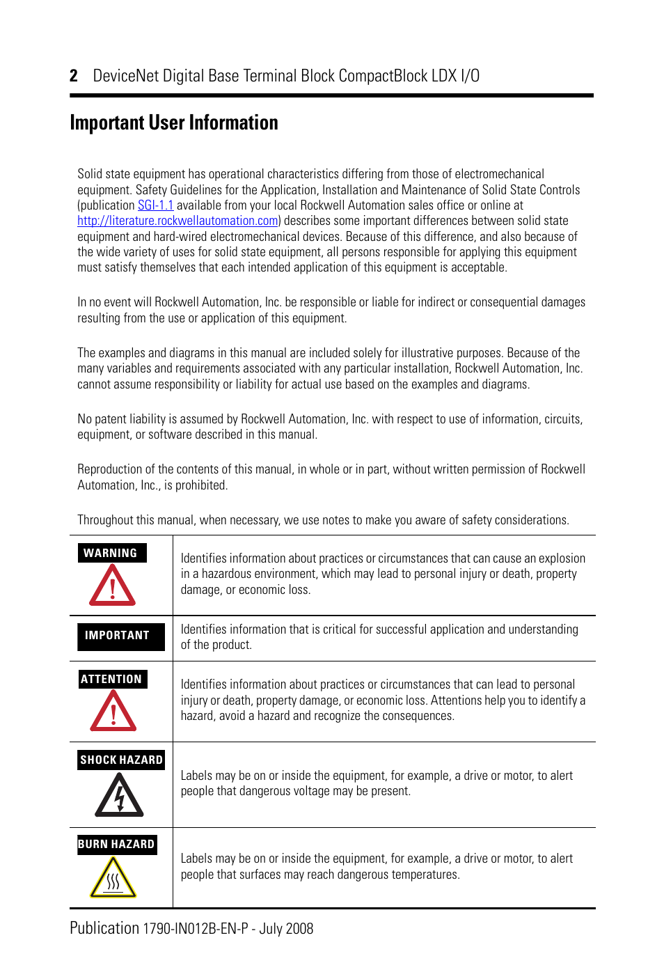 Important user information | Rockwell Automation 1790D-XXXX DeviceNet Digital Base Terminal Block CompactBlock LDX I/O Series B User Manual | Page 2 / 28