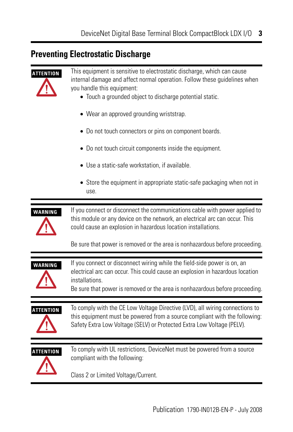 Preventing electrostatic discharge | Rockwell Automation 1790D-XXXX DeviceNet Digital Base Terminal Block CompactBlock LDX I/O Series B User Manual | Page 3 / 28