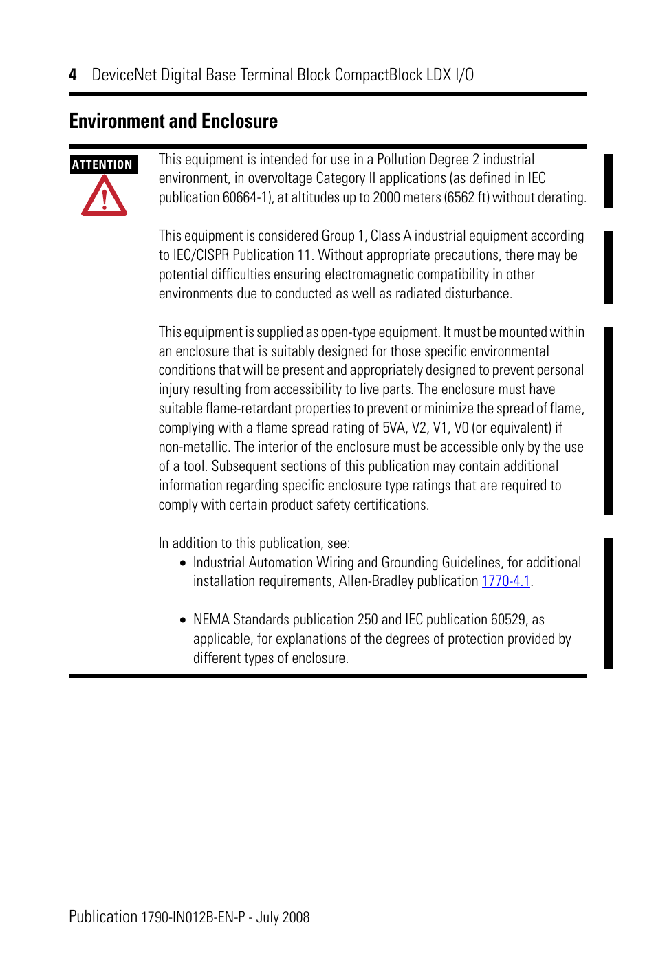 Environment and enclosure | Rockwell Automation 1790D-XXXX DeviceNet Digital Base Terminal Block CompactBlock LDX I/O Series B User Manual | Page 4 / 28