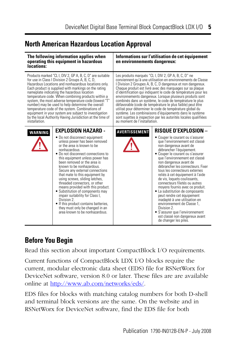 North american hazardous location approval, Before you begin | Rockwell Automation 1790D-XXXX DeviceNet Digital Base Terminal Block CompactBlock LDX I/O Series B User Manual | Page 5 / 28