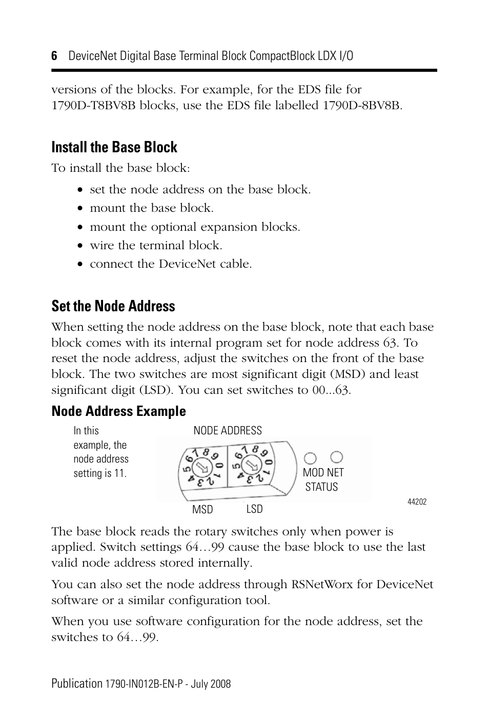 Install the base block, Set the node address | Rockwell Automation 1790D-XXXX DeviceNet Digital Base Terminal Block CompactBlock LDX I/O Series B User Manual | Page 6 / 28