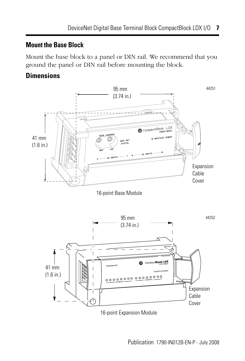 Mount the base block, Dimensions | Rockwell Automation 1790D-XXXX DeviceNet Digital Base Terminal Block CompactBlock LDX I/O Series B User Manual | Page 7 / 28