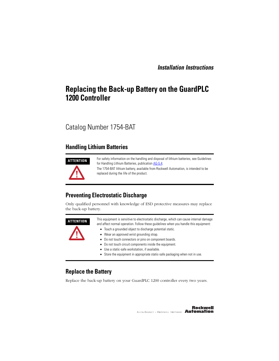 Rockwell Automation 1754-BAT Replacing the Backup Battery on the GuardPLC 1200 Controller User Manual | 2 pages