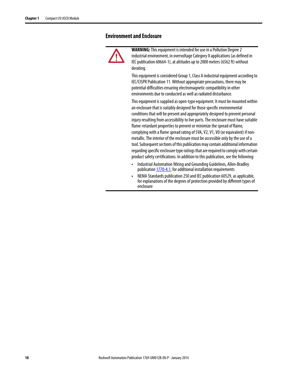 Environment and enclosure | Rockwell Automation 1769-ASCII Compact I/O ASCII Module User Manual | Page 10 / 118