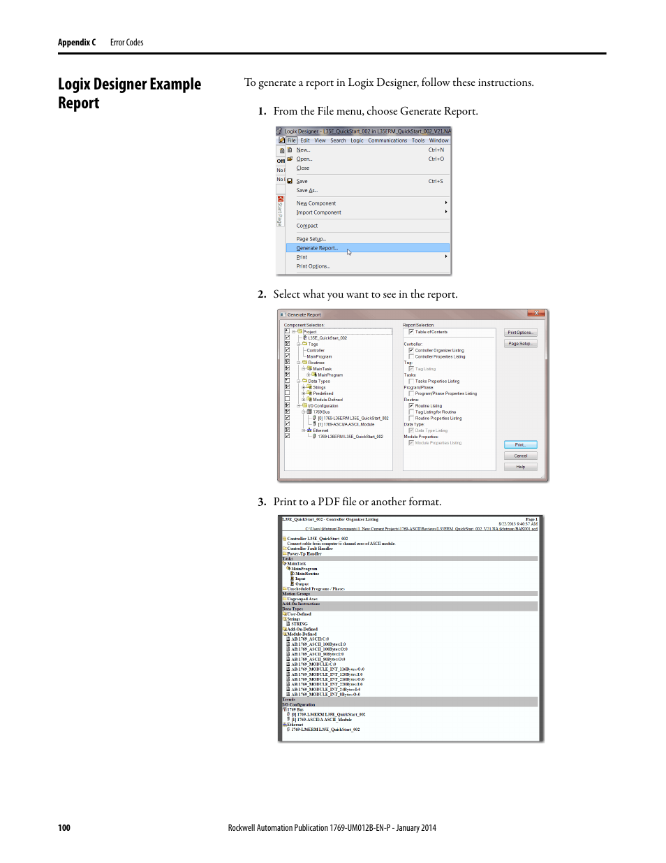 Logix designer example report | Rockwell Automation 1769-ASCII Compact I/O ASCII Module User Manual | Page 100 / 118