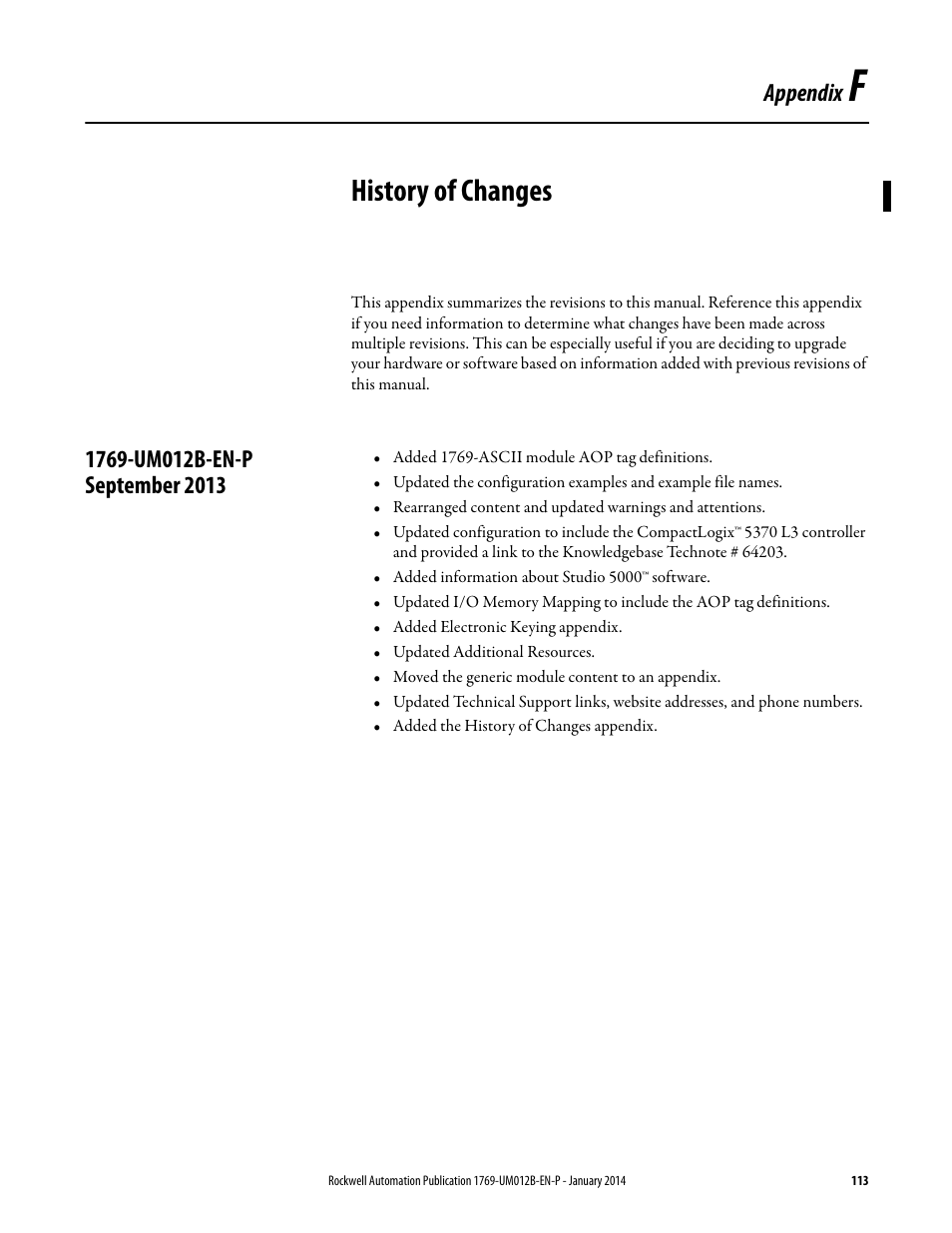 F - history of changes, 1769-um012b-en-p september 2013, Appendix f | History of changes | Rockwell Automation 1769-ASCII Compact I/O ASCII Module User Manual | Page 113 / 118