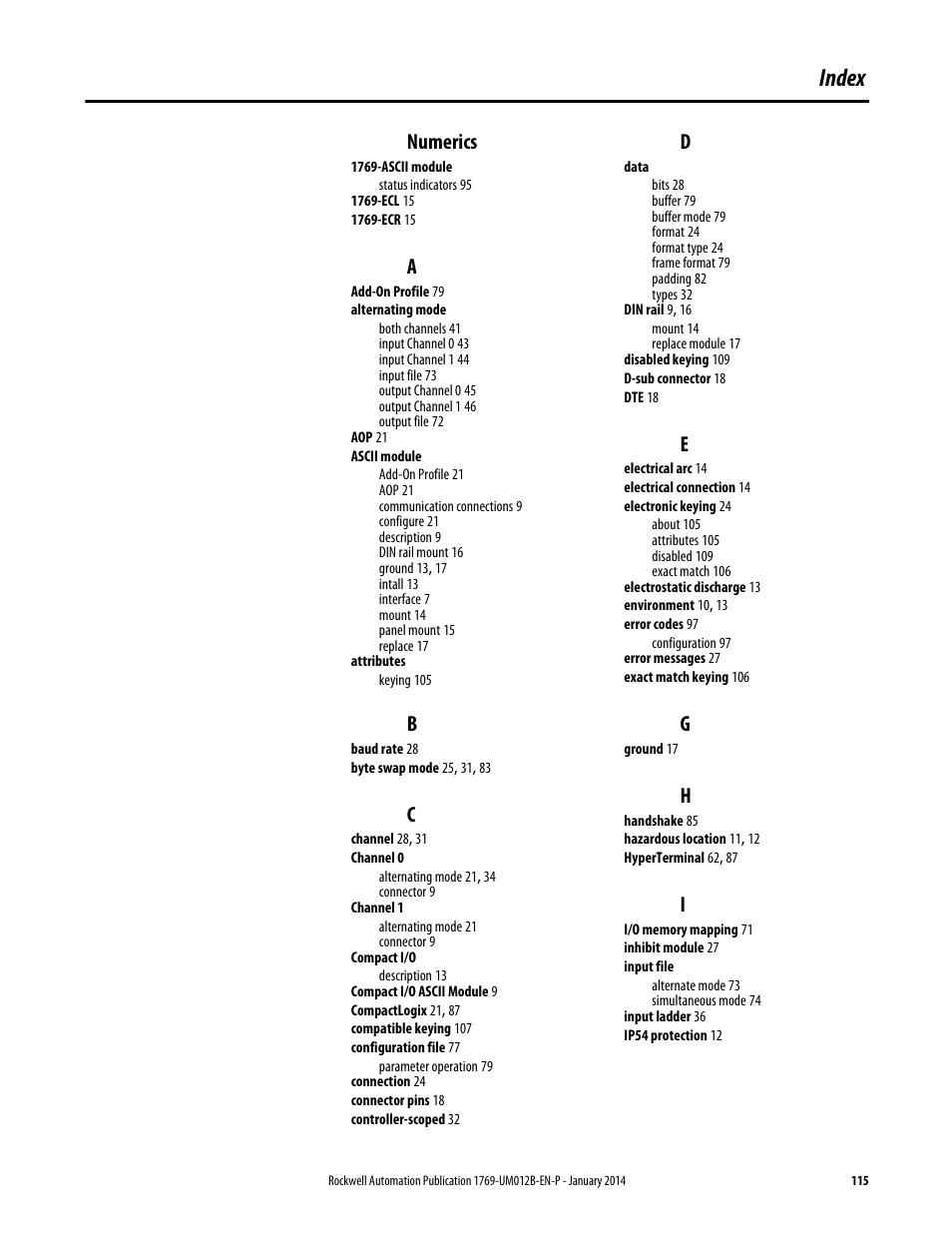 Index, Numerics | Rockwell Automation 1769-ASCII Compact I/O ASCII Module User Manual | Page 115 / 118