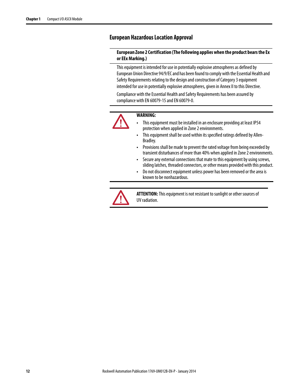 European hazardous location approval | Rockwell Automation 1769-ASCII Compact I/O ASCII Module User Manual | Page 12 / 118