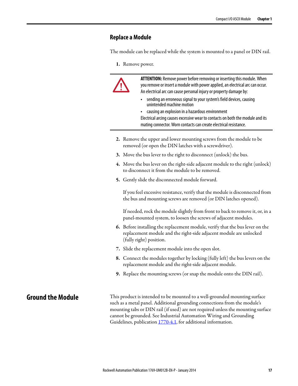 Replace a module, Ground the module | Rockwell Automation 1769-ASCII Compact I/O ASCII Module User Manual | Page 17 / 118