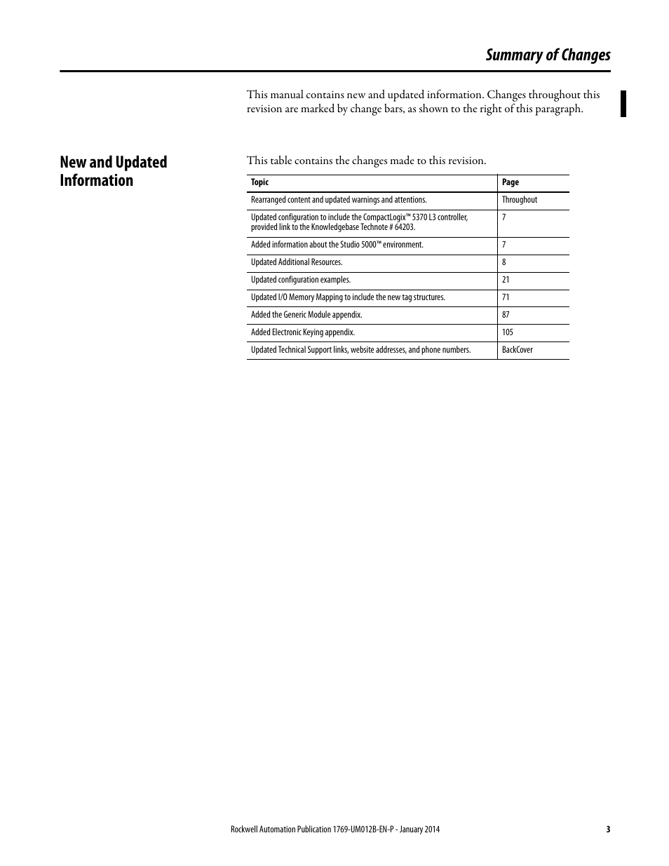 Summary of changes, New and updated information | Rockwell Automation 1769-ASCII Compact I/O ASCII Module User Manual | Page 3 / 118