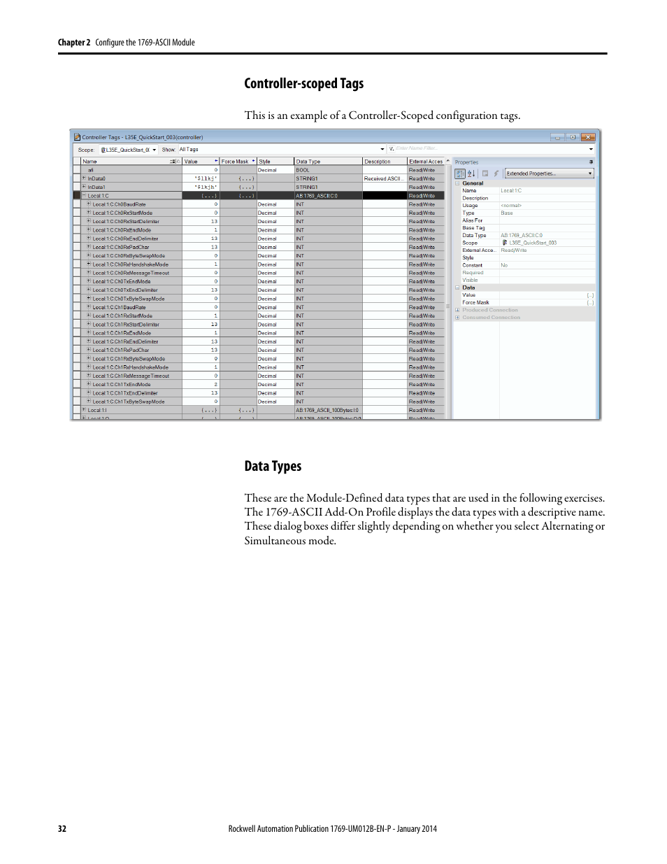 Controller-scoped tags, Data types, Controller-scoped tags data types | Rockwell Automation 1769-ASCII Compact I/O ASCII Module User Manual | Page 32 / 118