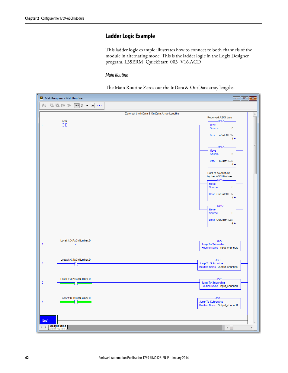 Ladder logic example | Rockwell Automation 1769-ASCII Compact I/O ASCII Module User Manual | Page 42 / 118