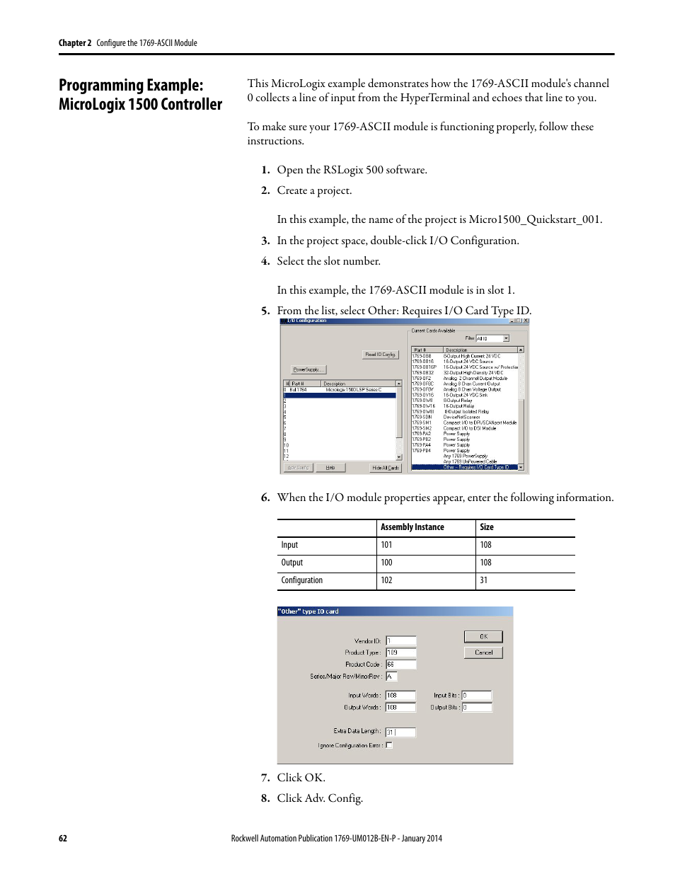 Programming example: micrologix 1500 controller | Rockwell Automation 1769-ASCII Compact I/O ASCII Module User Manual | Page 62 / 118