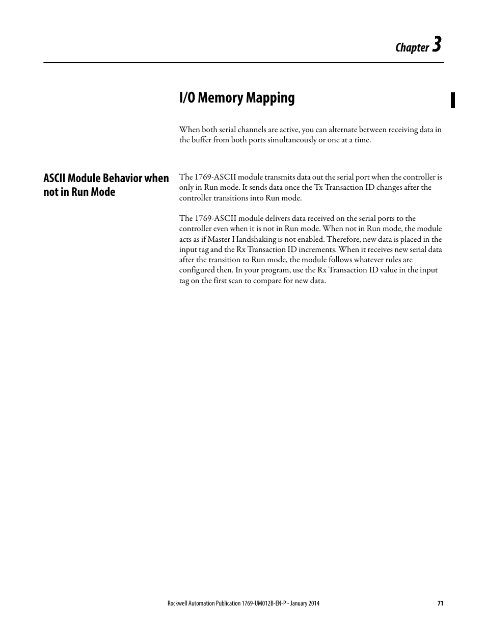 3 - i/o memory mapping, Ascii module behavior when not in run mode, Chapter 3 | I/o memory mapping | Rockwell Automation 1769-ASCII Compact I/O ASCII Module User Manual | Page 71 / 118