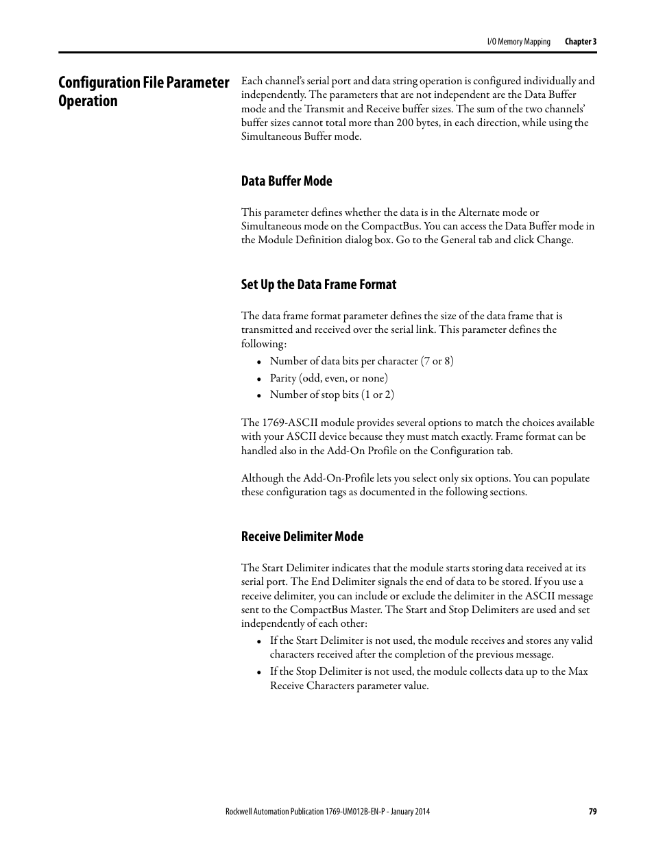 Configuration file parameter operation, Data buffer mode, Set up the data frame format | Receive delimiter mode | Rockwell Automation 1769-ASCII Compact I/O ASCII Module User Manual | Page 79 / 118