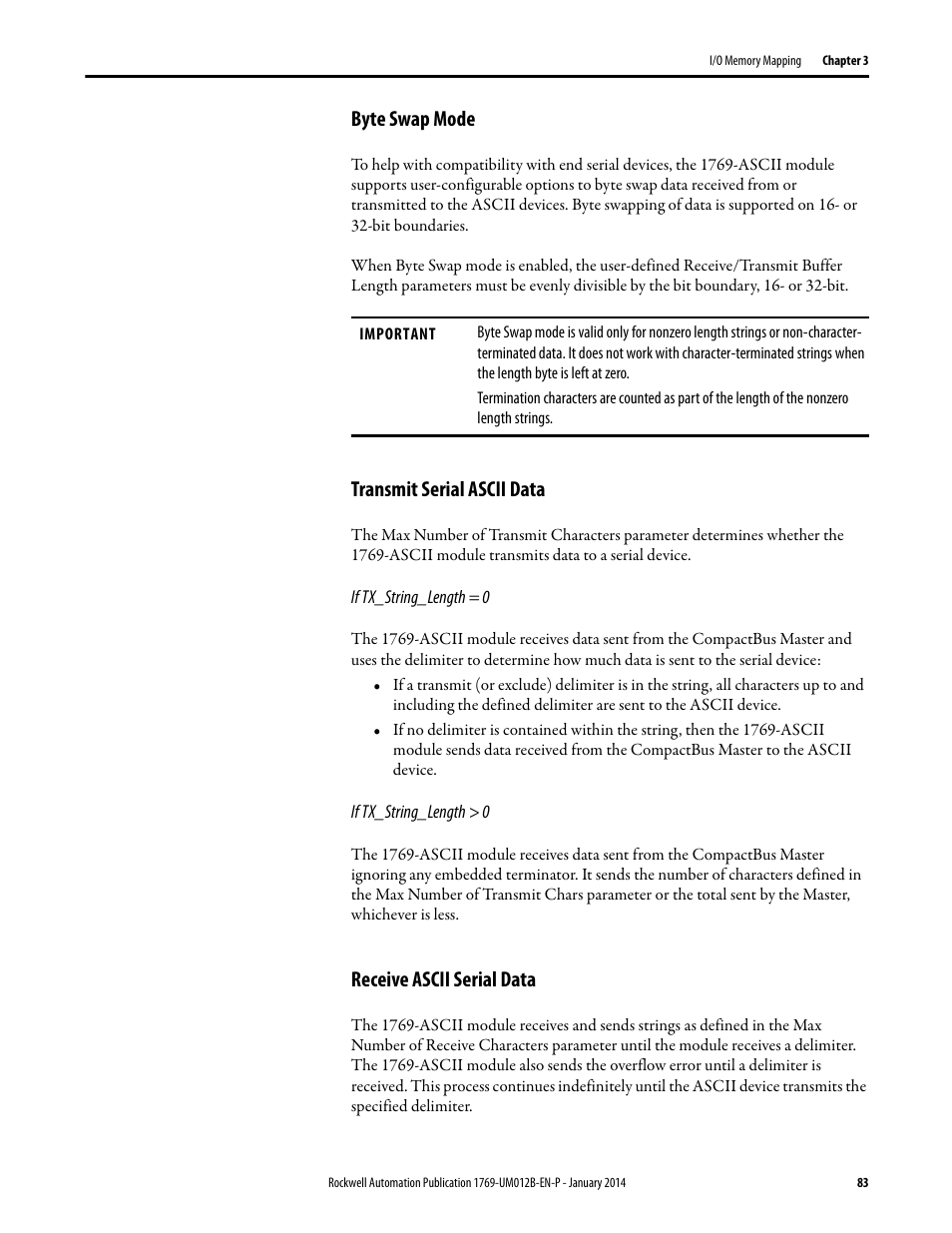 Byte swap mode, Transmit serial ascii data, Receive ascii serial data | Rockwell Automation 1769-ASCII Compact I/O ASCII Module User Manual | Page 83 / 118