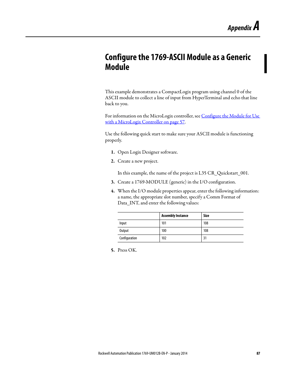 Appendix a, Appendix | Rockwell Automation 1769-ASCII Compact I/O ASCII Module User Manual | Page 87 / 118