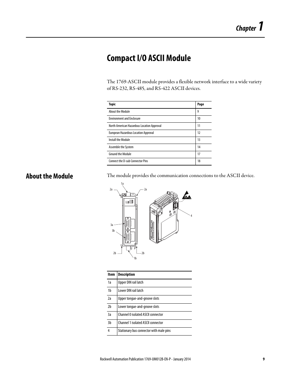 1 - compact i/o ascii module, About the module, Chapter 1 | Compact i/o ascii module, Chapter | Rockwell Automation 1769-ASCII Compact I/O ASCII Module User Manual | Page 9 / 118