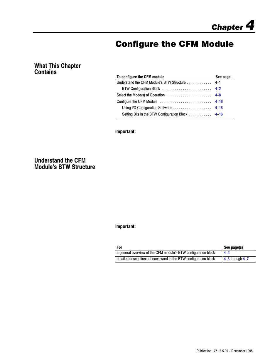 4 - configure the cfm module, What this chapter contains, Module's btw structure | Configure the cfm module, Chapter | Rockwell Automation 1771-CFM,D17716.5.99 CONFIGURABLE FLOWMET User Manual | Page 35 / 99