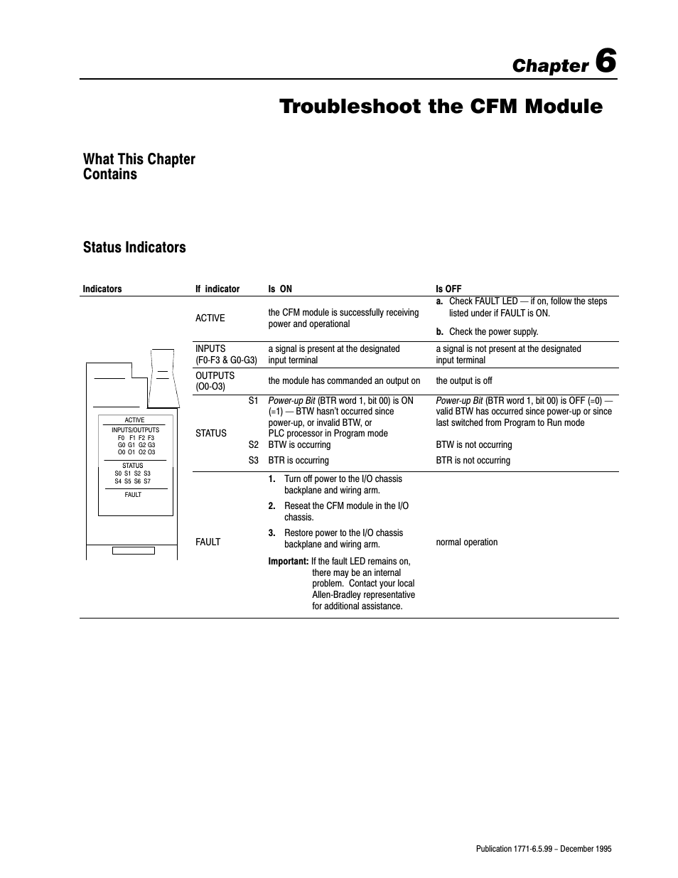 6 - troubleshoot the cfm module, What this chapter contains, Status indicators | Troubleshoot the cfm module, Chapter, What this chapter contains status indicators | Rockwell Automation 1771-CFM,D17716.5.99 CONFIGURABLE FLOWMET User Manual | Page 57 / 99