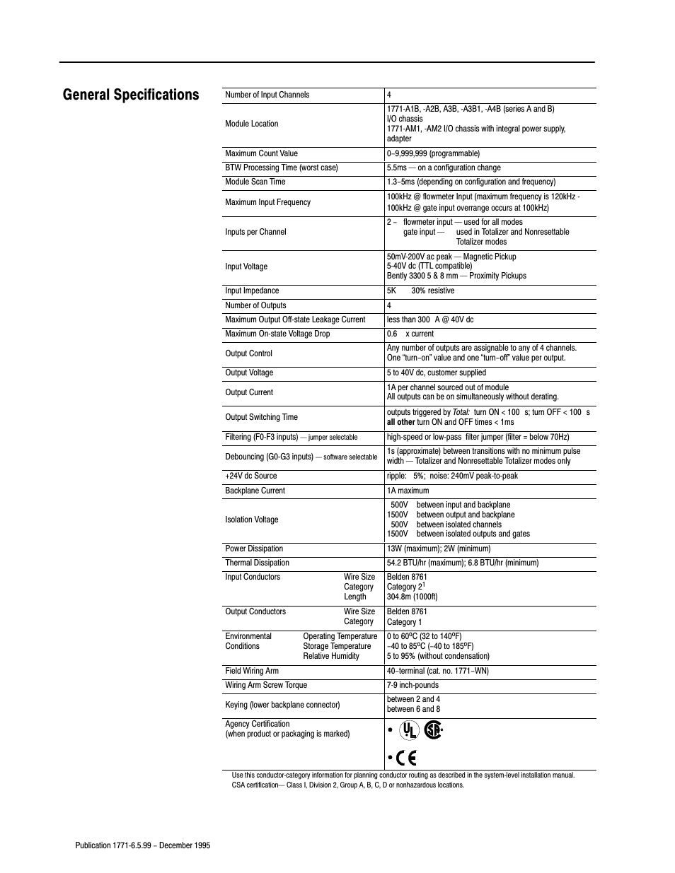 General specifications | Rockwell Automation 1771-CFM,D17716.5.99 CONFIGURABLE FLOWMET User Manual | Page 60 / 99