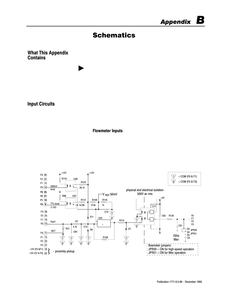 B - schematics, What this appendix contains, Input circuits | Schematics, Appendix, Flowmeter inputs, Routing conductors, Grounding practices, Flowmeter input circuits, Gate input circuits | Rockwell Automation 1771-CFM,D17716.5.99 CONFIGURABLE FLOWMET User Manual | Page 61 / 99
