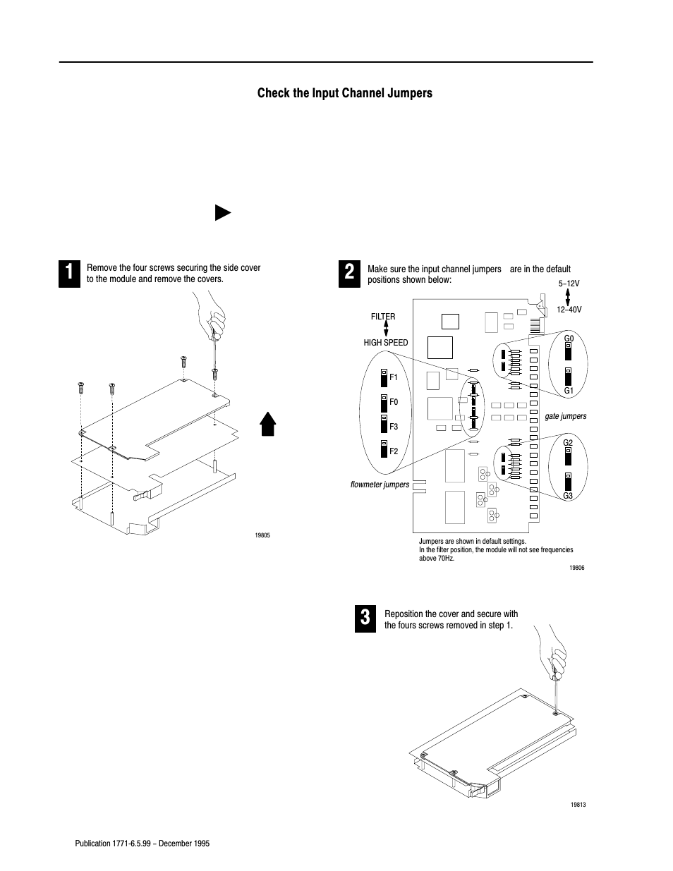 Check the input channel jumpers | Rockwell Automation 1771-CFM,D17716.5.99 CONFIGURABLE FLOWMET User Manual | Page 68 / 99