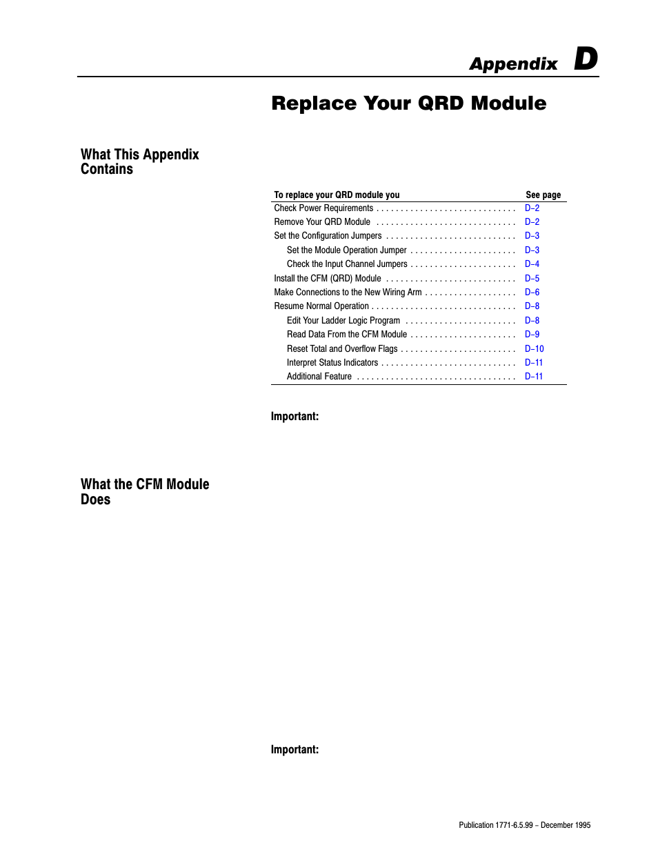 D - replace your qrd module, What this appendix contains, What the cfm module does | Replace your qrd module, Appendix | Rockwell Automation 1771-CFM,D17716.5.99 CONFIGURABLE FLOWMET User Manual | Page 75 / 99
