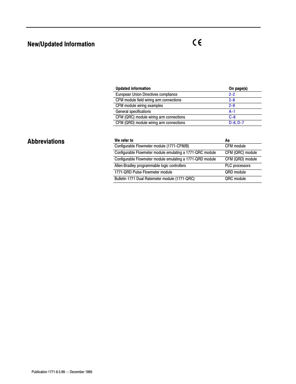 New/updated information, Abbreviations, Abbreviations new/updated information | Rockwell Automation 1771-CFM,D17716.5.99 CONFIGURABLE FLOWMET User Manual | Page 8 / 99
