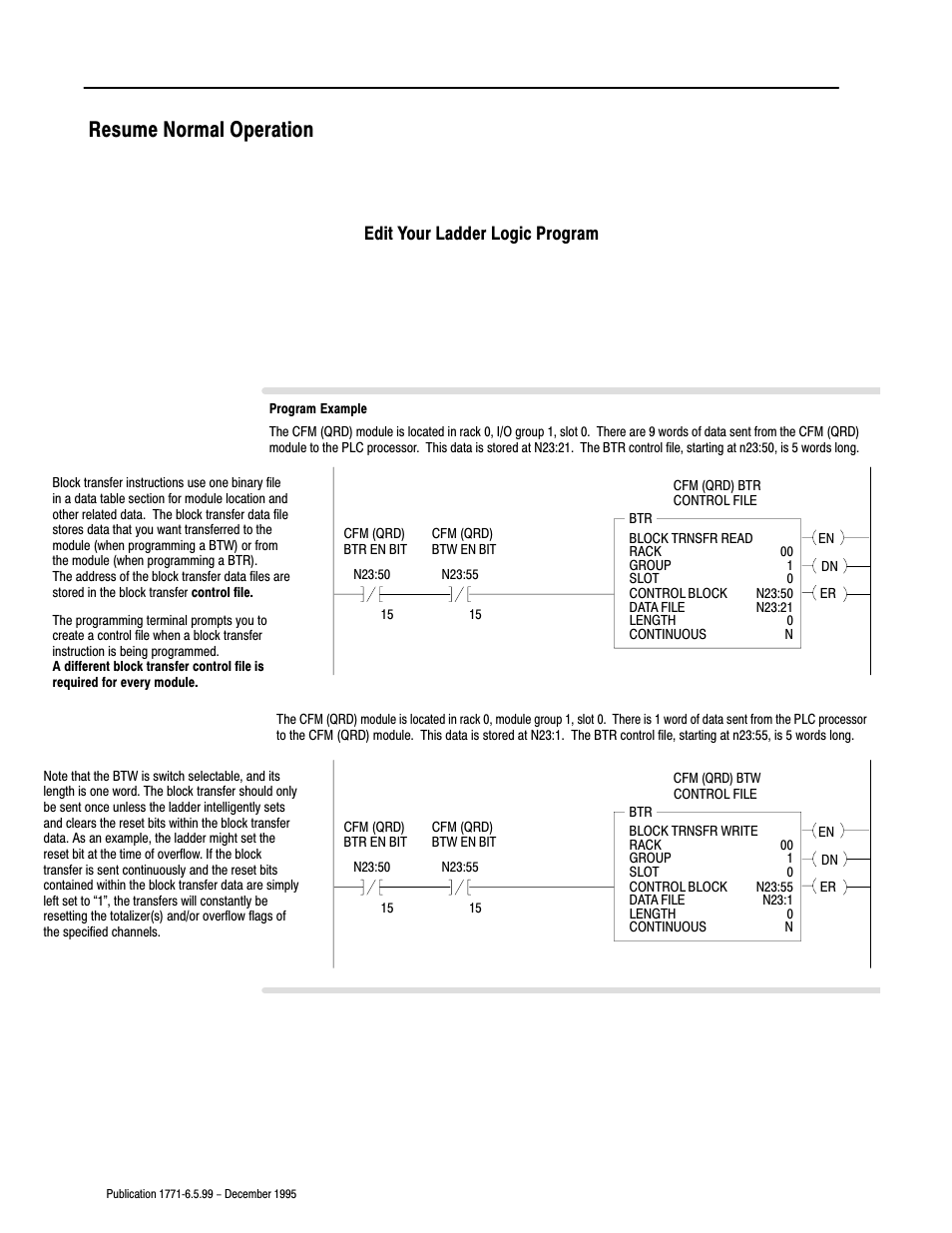 Resume normal operation, Edit your ladder logic program | Rockwell Automation 1771-CFM,D17716.5.99 CONFIGURABLE FLOWMET User Manual | Page 82 / 99