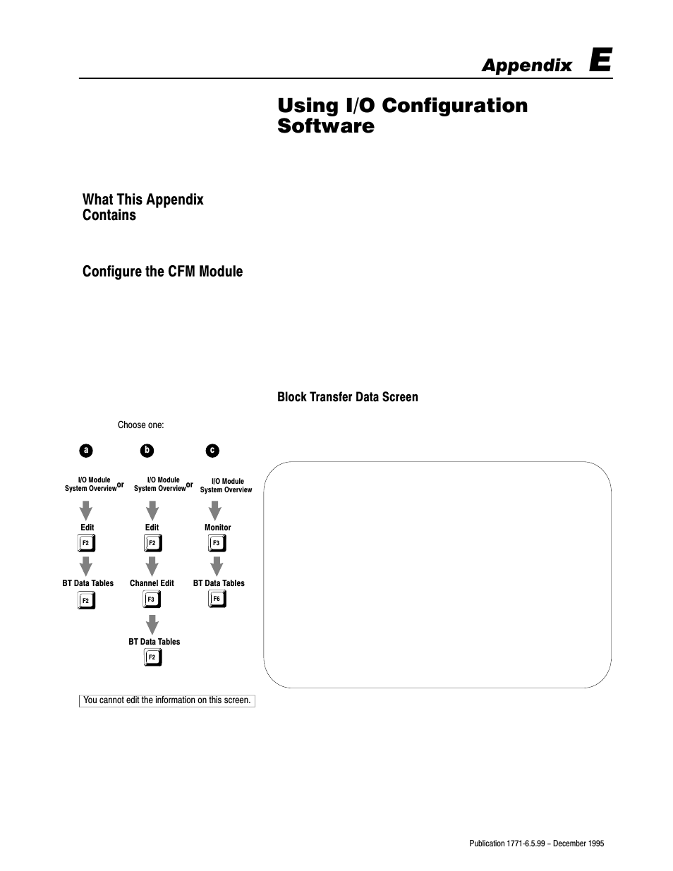 E - using i/o configuration software, What this appendix contains, Configure the cfm module | Using i/o configuration software, Appendix, Block transfer data screen | Rockwell Automation 1771-CFM,D17716.5.99 CONFIGURABLE FLOWMET User Manual | Page 86 / 99