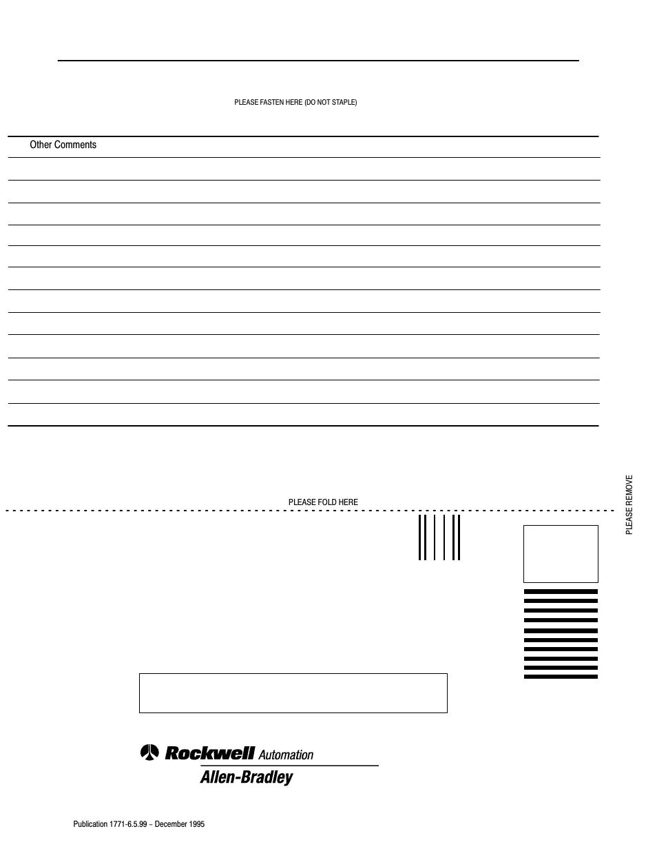 Business reply mail | Rockwell Automation 1771-CFM,D17716.5.99 CONFIGURABLE FLOWMET User Manual | Page 95 / 99