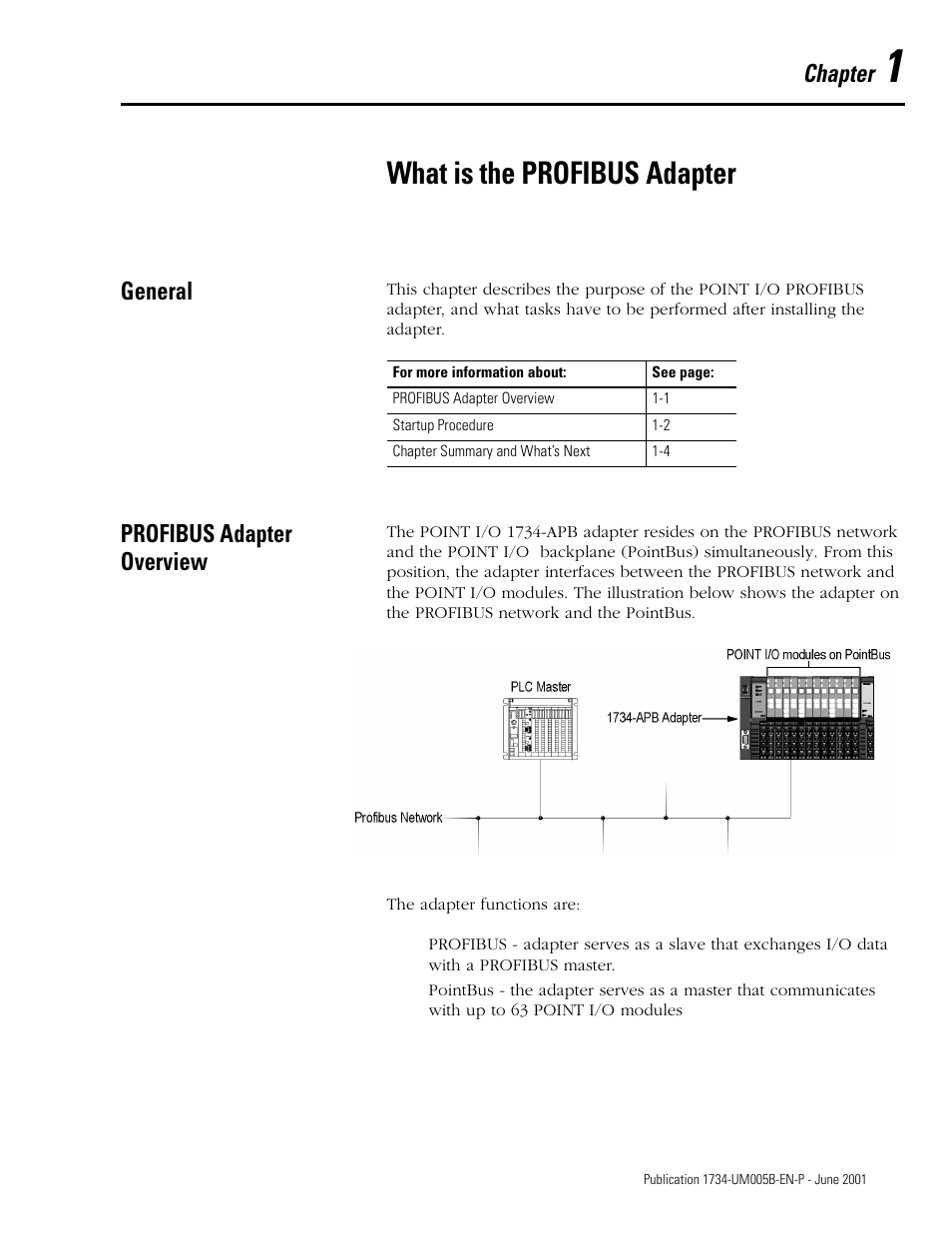 Chapter 1, What is the profibus adapter, General | Profibus adapter overview, General -1 profibus adapter overview -1, Chapter | Rockwell Automation 1734-APB Point I/O Profibus Adapter Module User Manual | Page 11 / 88