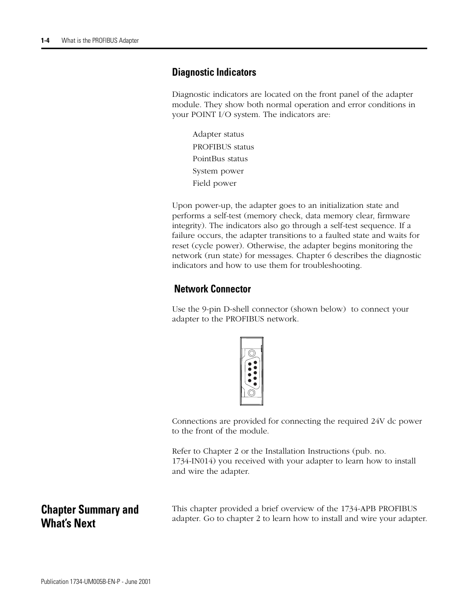 Diagnostic indicators, Network connector, Chapter summary and what’s next | Diagnostic indicators -4 network connector -4, Chapter summary and what’s next -4 | Rockwell Automation 1734-APB Point I/O Profibus Adapter Module User Manual | Page 14 / 88