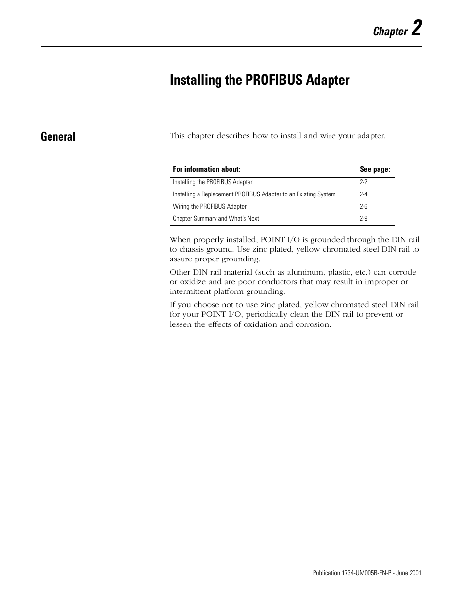 Chapter 2, Installing the profibus adapter, General | General -1, Chapter | Rockwell Automation 1734-APB Point I/O Profibus Adapter Module User Manual | Page 15 / 88