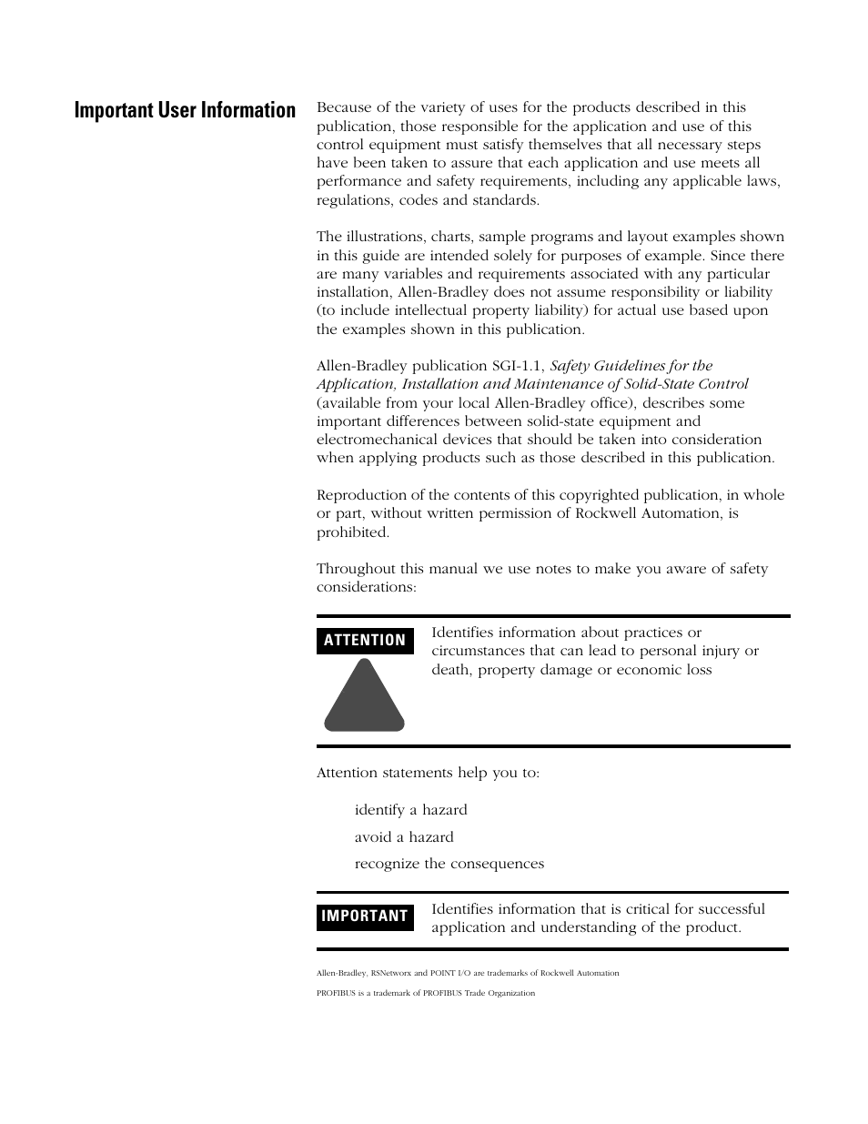 Important user information | Rockwell Automation 1734-APB Point I/O Profibus Adapter Module User Manual | Page 2 / 88