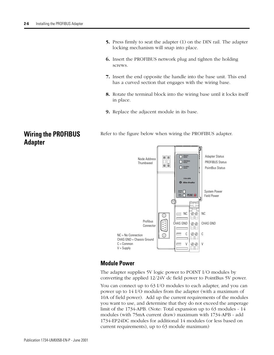 Replace the adjacent module in its base, Wiring the profibus adapter, Module power | Wiring the profibus adapter -6, Module power -6 | Rockwell Automation 1734-APB Point I/O Profibus Adapter Module User Manual | Page 20 / 88