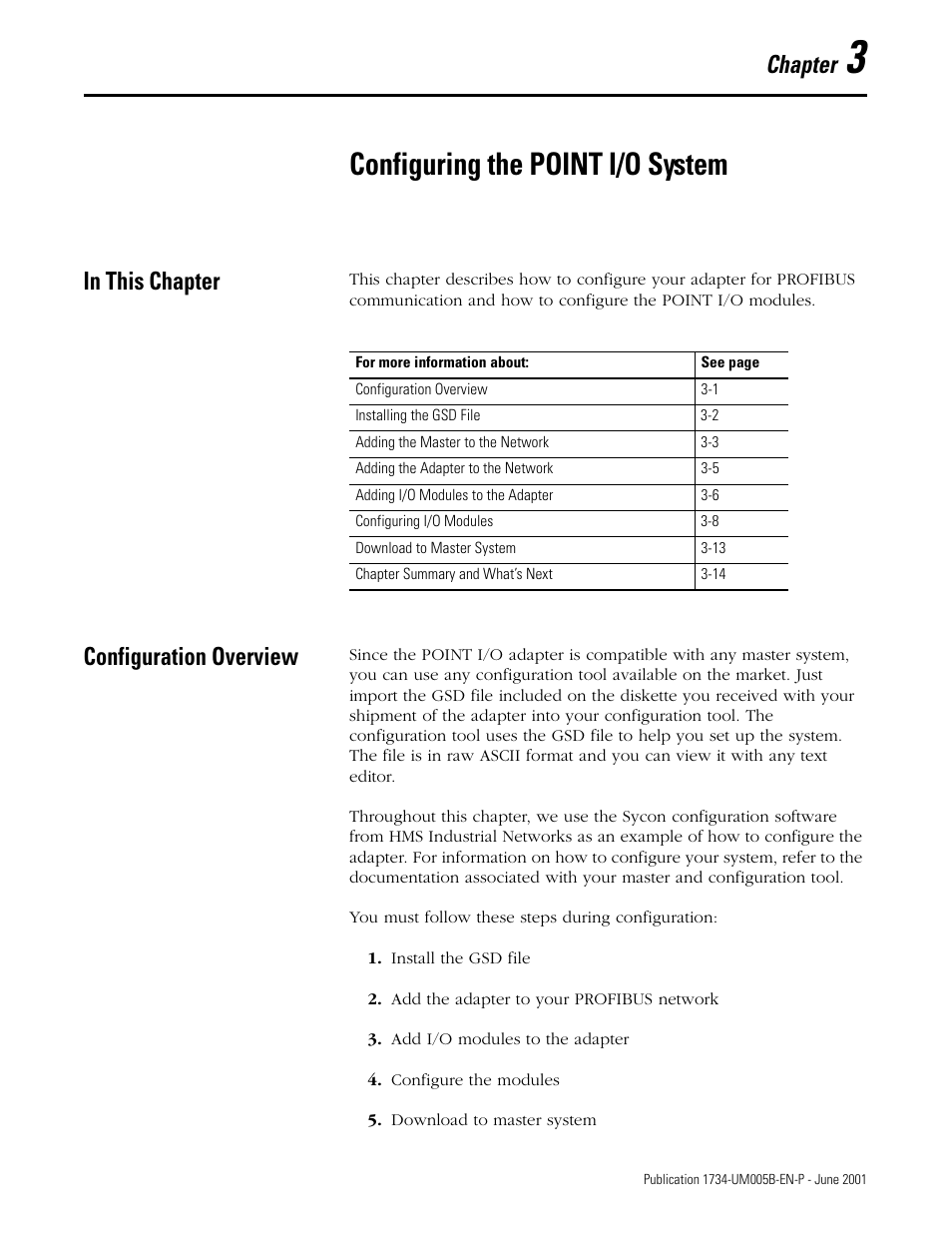 Chapter 3, Configuring the point i/o system, In this chapter | Configuration overview, Install the gsd file, Add the adapter to your profibus network, Add i/o modules to the adapter, Configure the modules, Download to master system, In this chapter -1 configuration overview -1 | Rockwell Automation 1734-APB Point I/O Profibus Adapter Module User Manual | Page 25 / 88