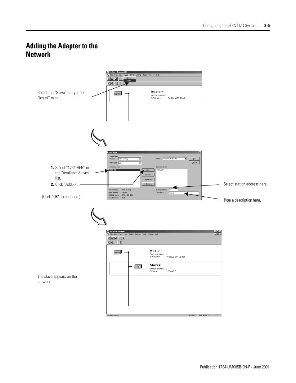 Adding the adapter to the network, Select “1734-apb” in the “available slaves” list, Click “add | Adding the adapter to the network -5 | Rockwell Automation 1734-APB Point I/O Profibus Adapter Module User Manual | Page 29 / 88