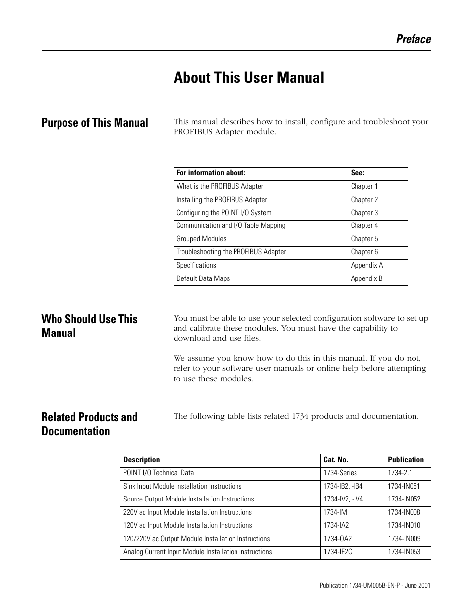 Preface, Purpose of this manual, Who should use this manual | Related products and documentation, About this user manual | Rockwell Automation 1734-APB Point I/O Profibus Adapter Module User Manual | Page 3 / 88