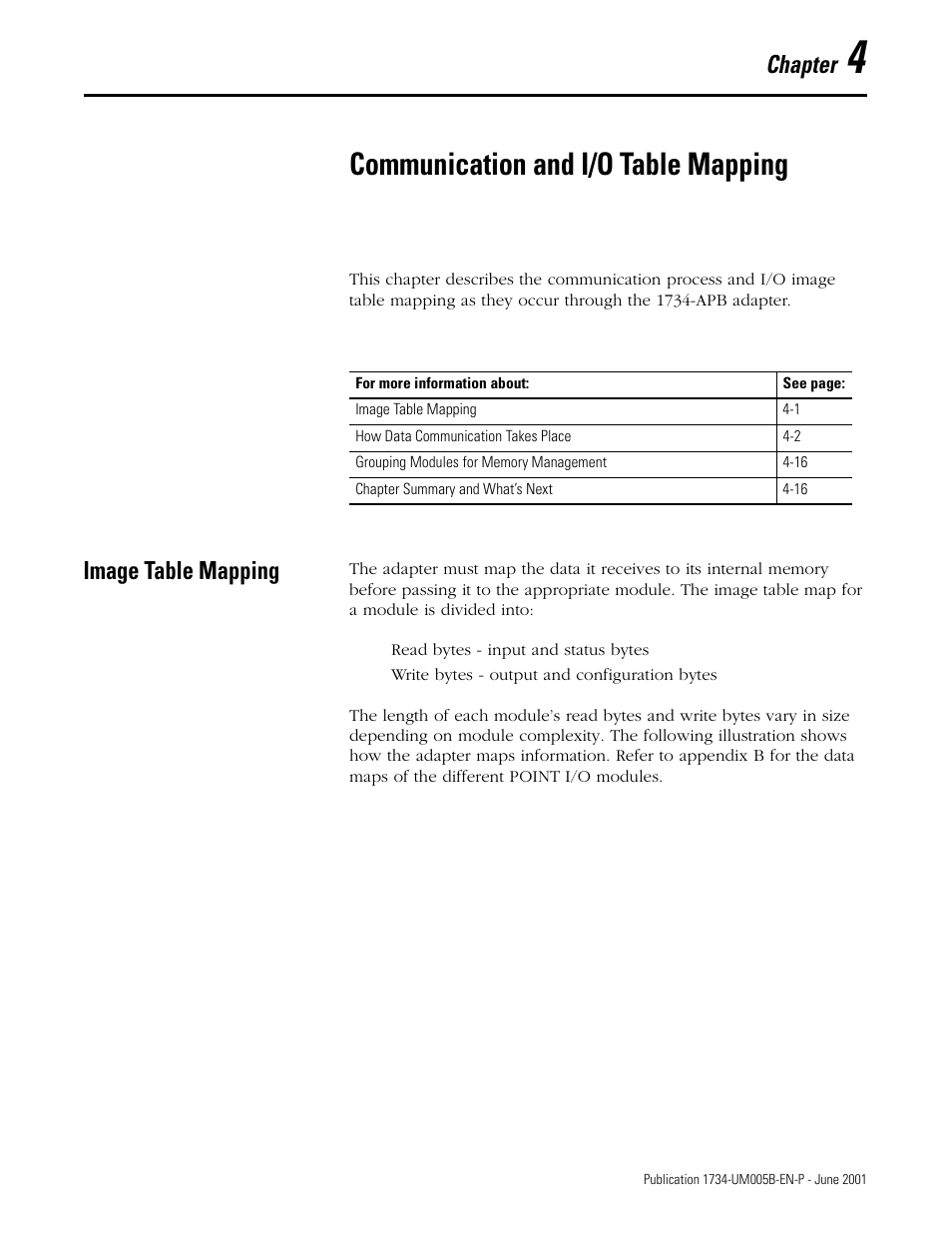 Chapter 4, Communication and i/o table mapping, Image table mapping | Chapter | Rockwell Automation 1734-APB Point I/O Profibus Adapter Module User Manual | Page 39 / 88
