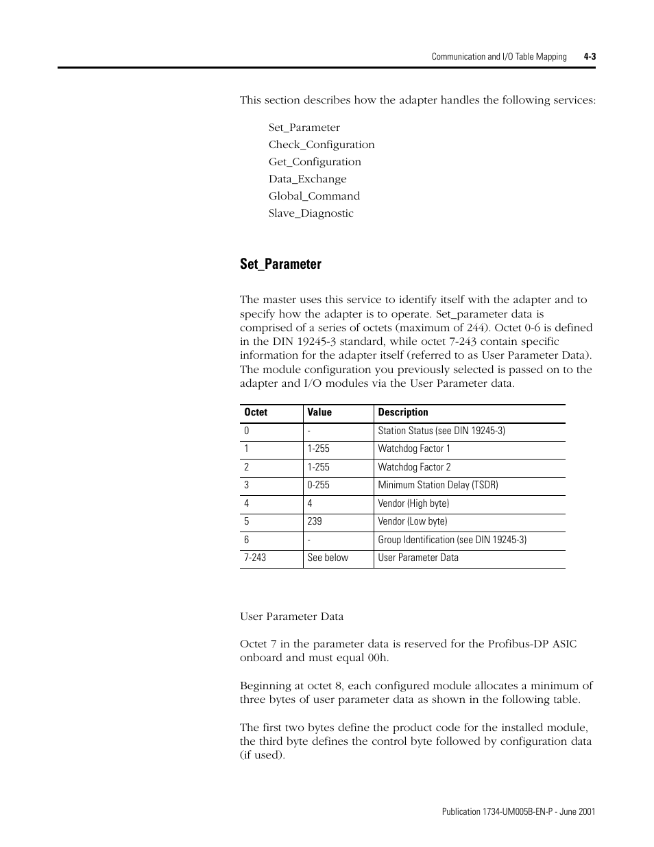 Set_parameter, User parameter data | Rockwell Automation 1734-APB Point I/O Profibus Adapter Module User Manual | Page 41 / 88