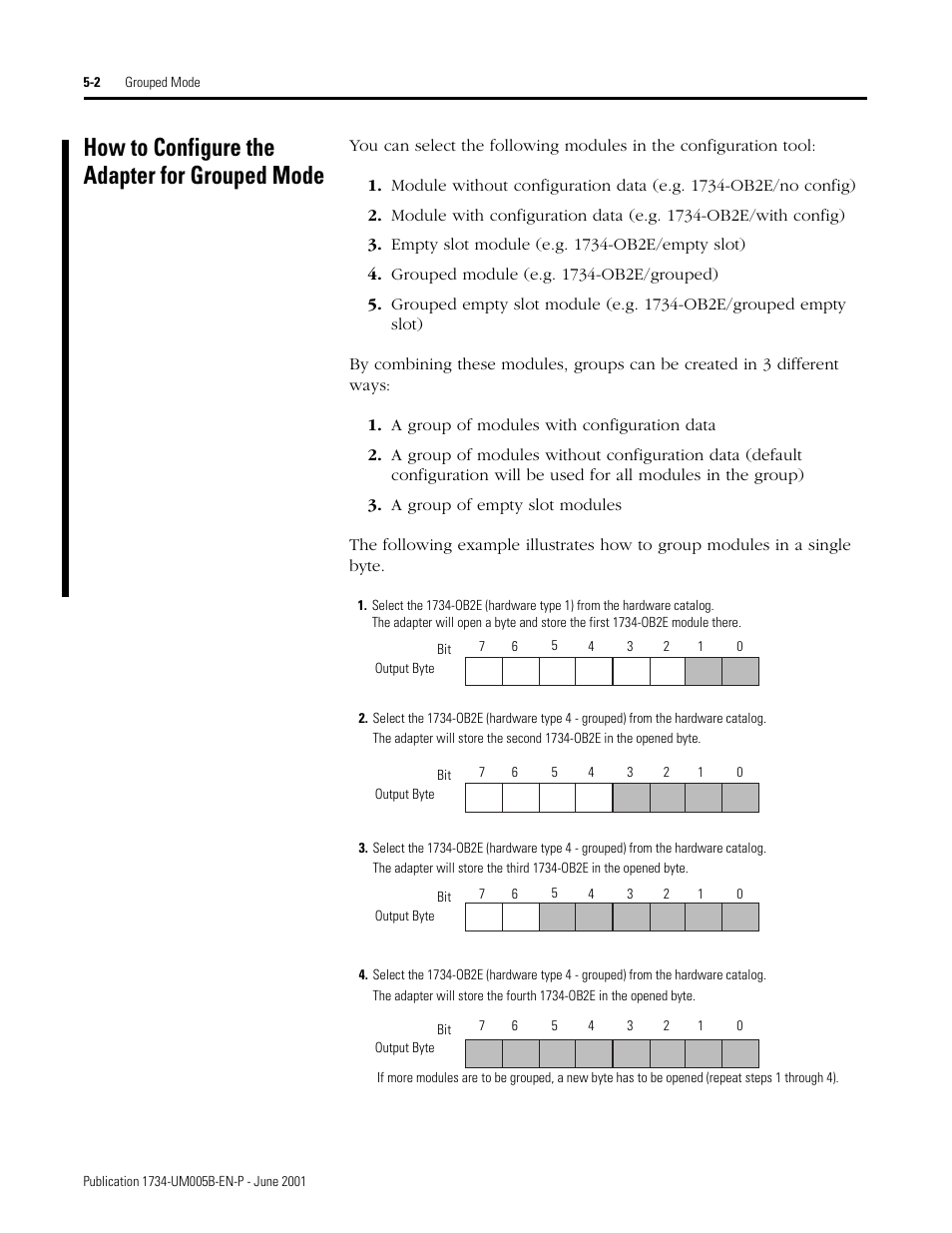 How to configure the adapter for grouped mode, Empty slot module (e.g. 1734-ob2e/empty slot), Grouped module (e.g. 1734-ob2e/grouped) | A group of modules with configuration data, A group of empty slot modules | Rockwell Automation 1734-APB Point I/O Profibus Adapter Module User Manual | Page 56 / 88