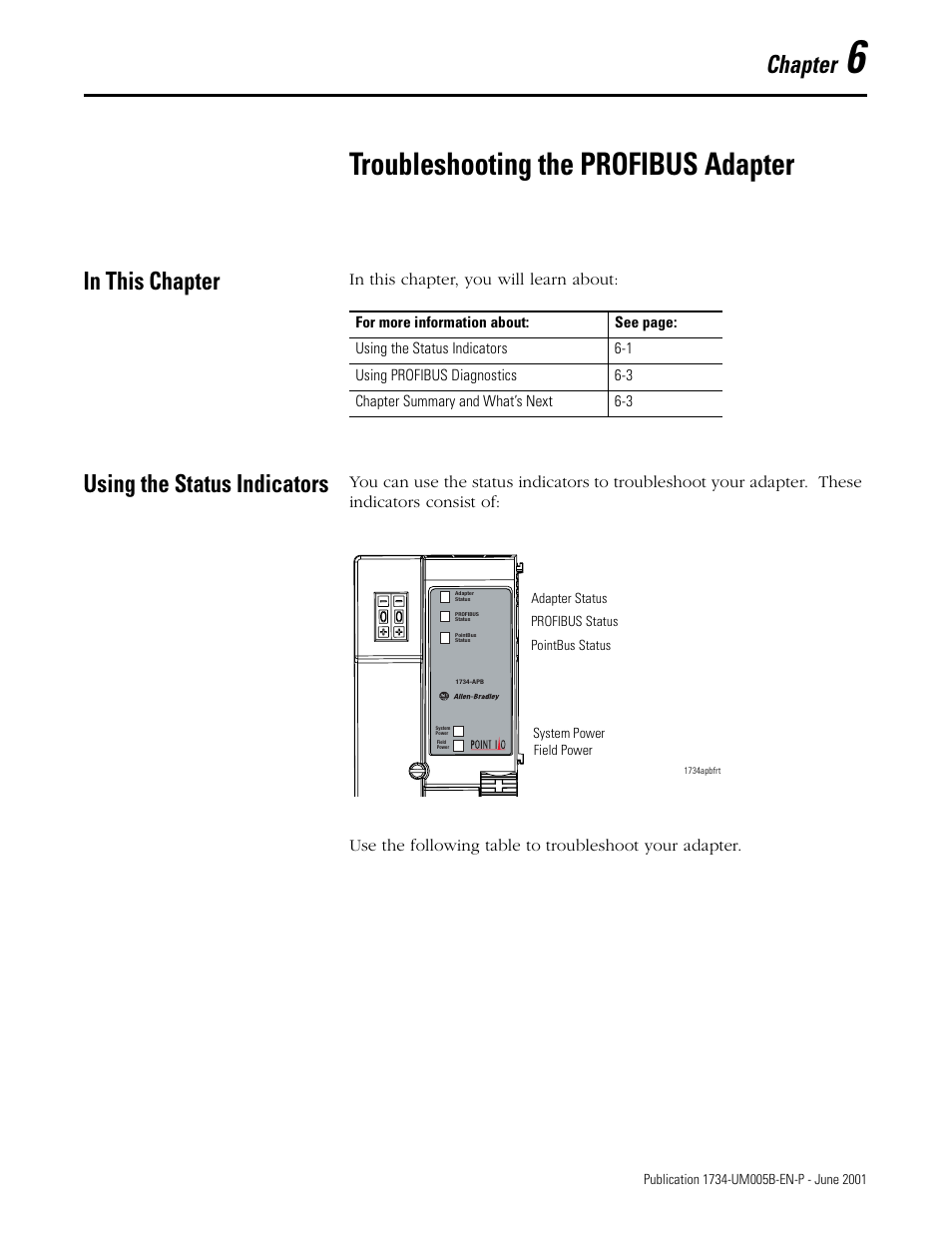Chapter 6, Troubleshooting the profibus adapter, In this chapter | Using the status indicators, Chapter | Rockwell Automation 1734-APB Point I/O Profibus Adapter Module User Manual | Page 59 / 88