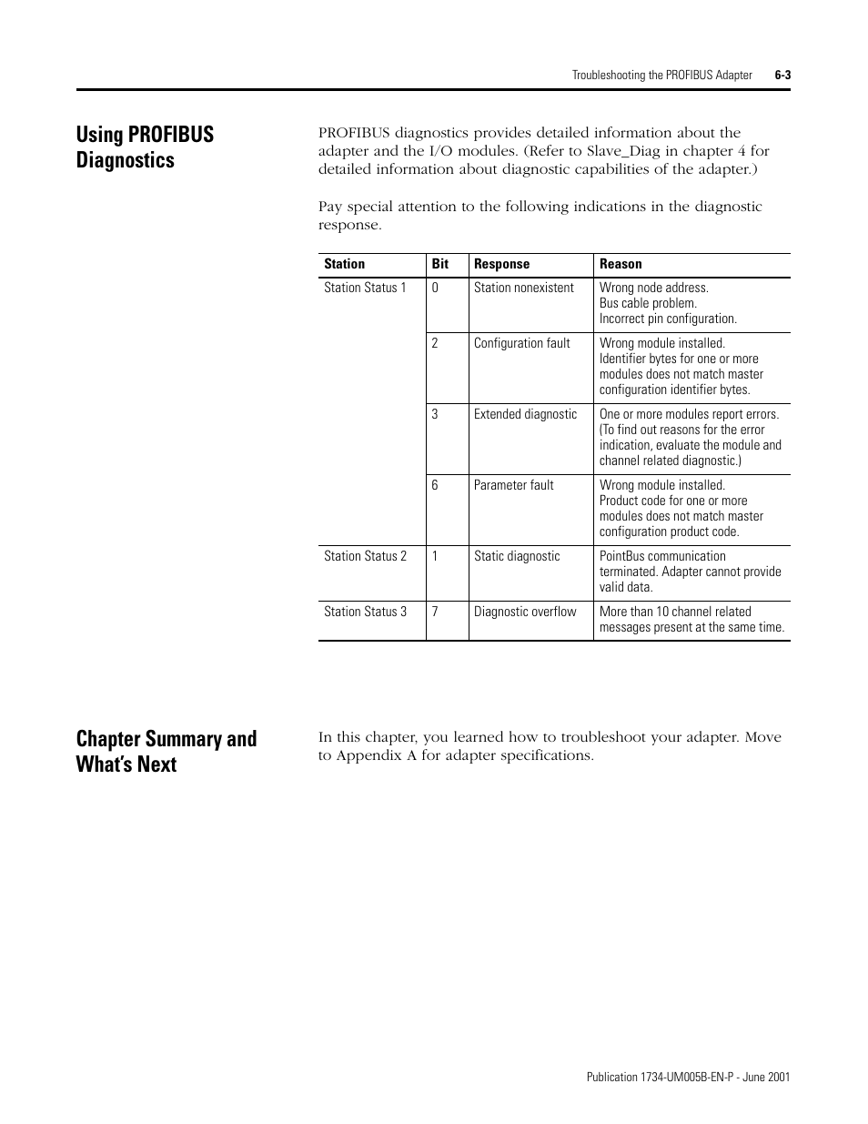Using profibus diagnostics, Chapter summary and what’s next, Using profibus diagnostic | Rockwell Automation 1734-APB Point I/O Profibus Adapter Module User Manual | Page 61 / 88